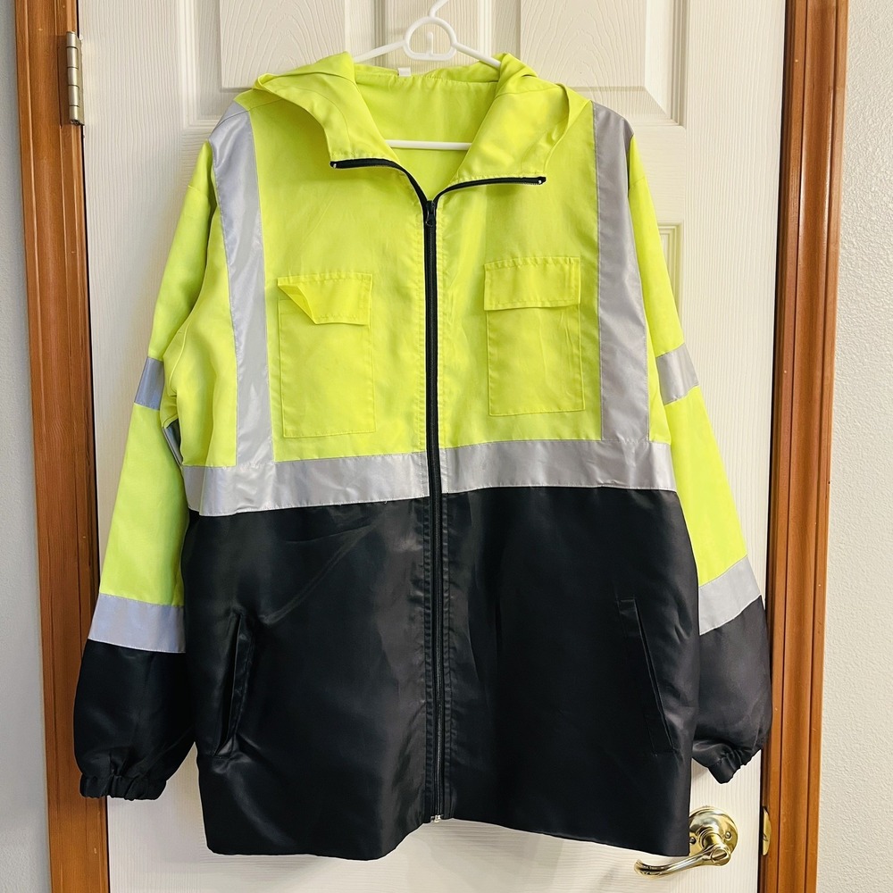 Zip Hooded Lightly Lined Work Jacket - Neon Yellow Black Hi Visibility Men's Lg
